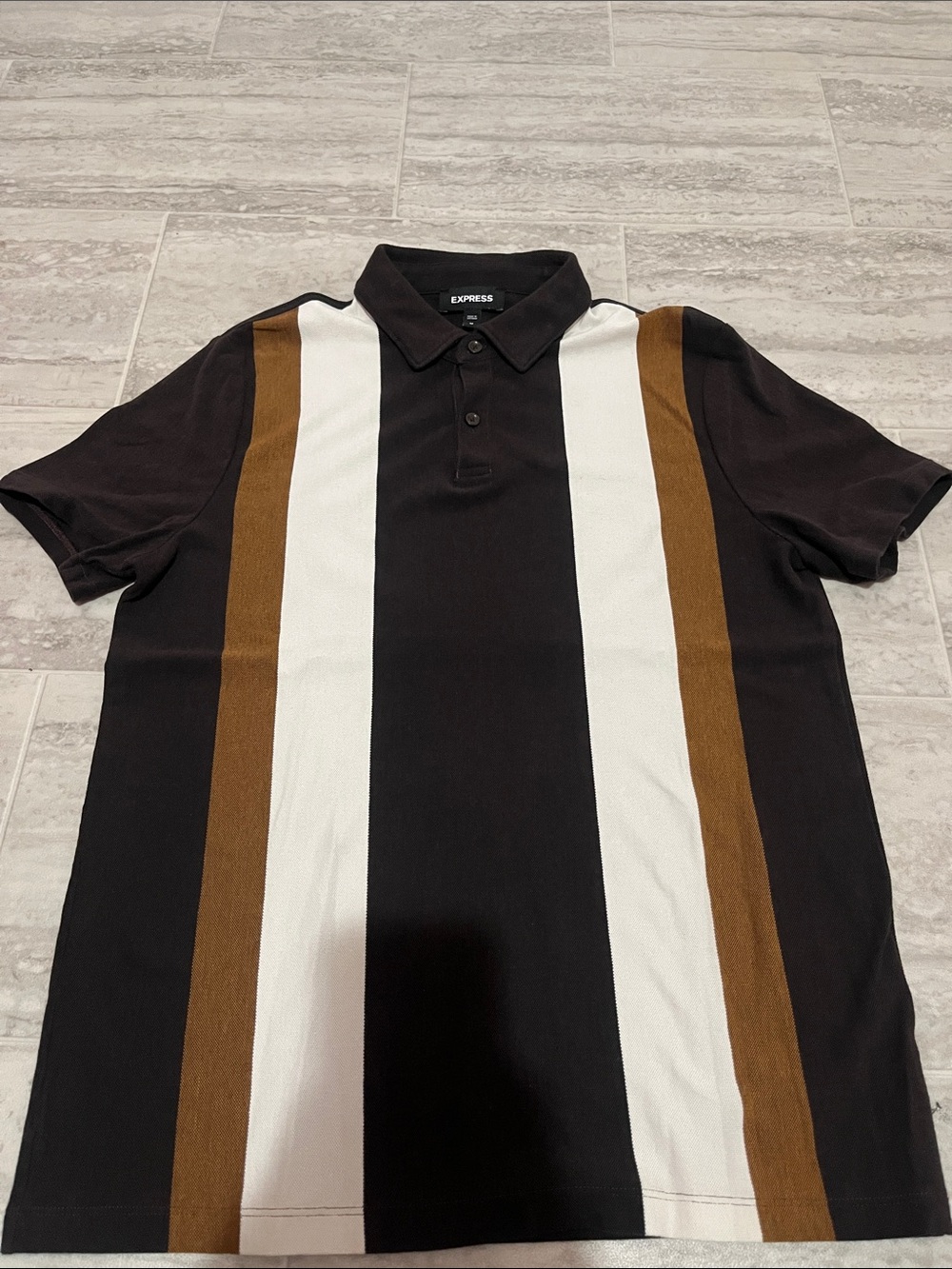 Express Men’s Black Polo with White and Brown Vertical Stripes